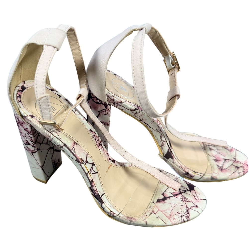 Missguided Marble Print Sandals Womens M Pink Clear Strap Block Heel Party Dress